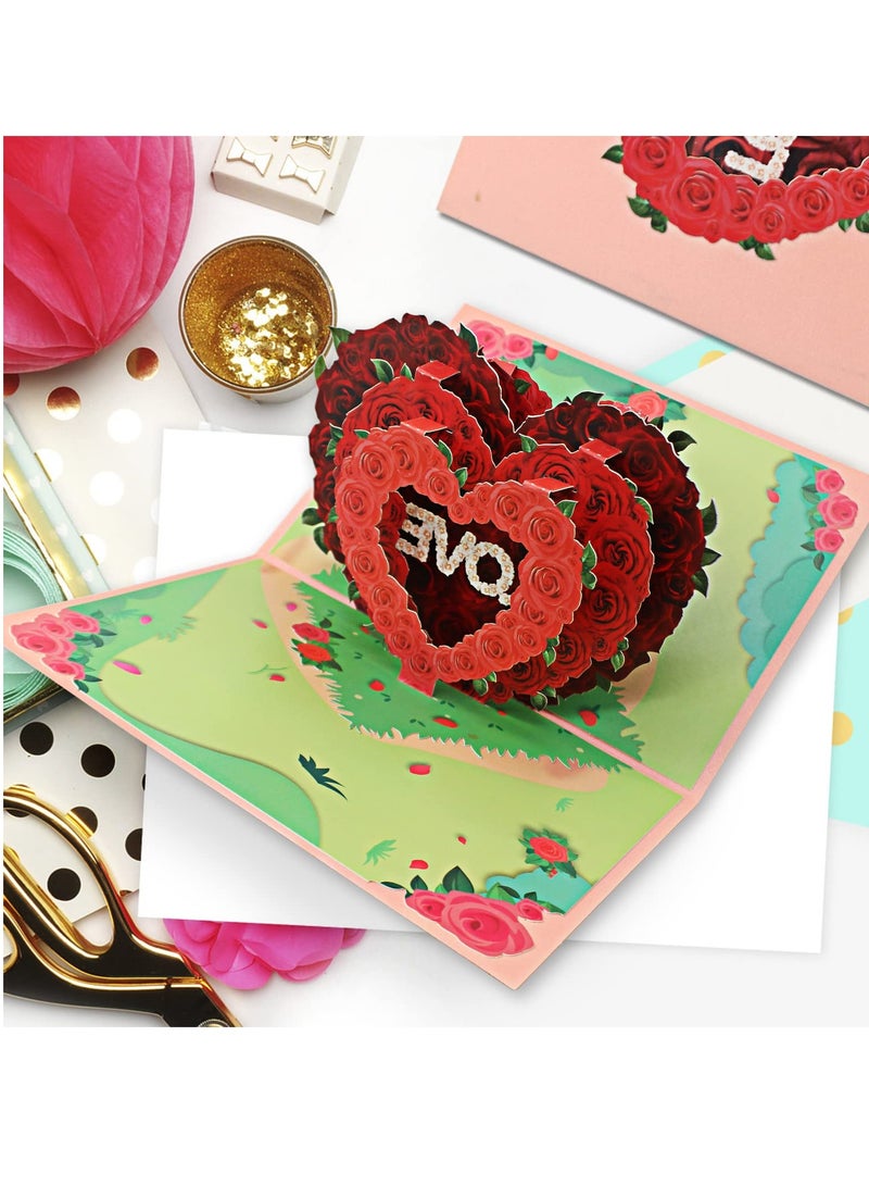 Rose Heart Pop Up Card Greeting Cards Handmade 3D Paper Popup for Gifts Mother's Birthday Wedding Anniversary Cover with Note and Envelope - Image 2