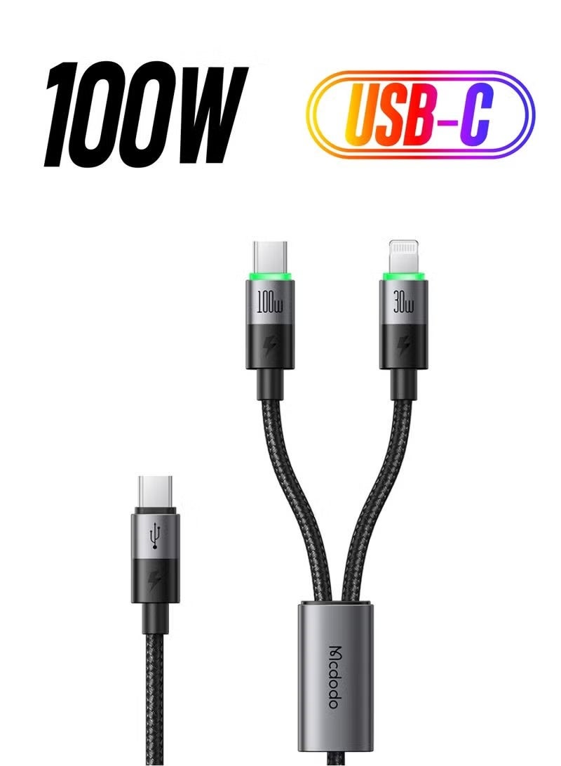 Mcdodo 100W 2-in-1 USB-C to Lightning & USB-C to USB-C Fast Charging Cable | PD Ultra-Fast Charge, Nylon Braided Durable Aluminum Alloy | 1.2M Universal Cable for iPhone, iPad, Android & MacBook - Image 1