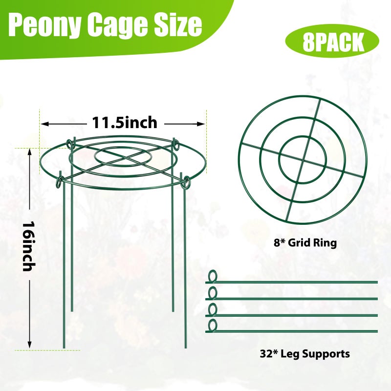 MJZ 8 Pack Peony Cages and Supports, 11.5" Dx16 H Plant Supports for Outdoor Plants, Heavy Duty Metal Peony Support Cage Flower Support Rings, Plant Support Ring for Rose Tomato Hydrangea Strawberry - Image 2