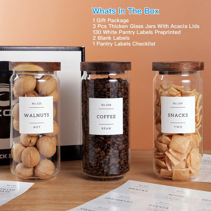 CZZGSM 3 Set Glass Pantry Storage Jars with Acacia Airtight Lid - 35oz Thicken Glass Kitchen Canisters with 132 Pantry Labels - Clear Glass Food Storage Containers with Wood Lid for Tea,Sugar,Cookie,Pasta - Image 2