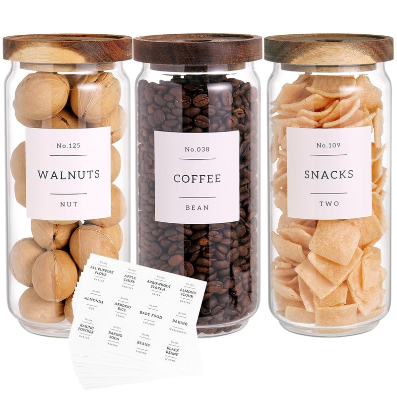 CZZGSM 3 Set Glass Pantry Storage Jars with Acacia Airtight Lid - 35oz Thicken Glass Kitchen Canisters with 132 Pantry Labels - Clear Glass Food Storage Containers with Wood Lid for Tea,Sugar,Cookie,Pasta - Image 1