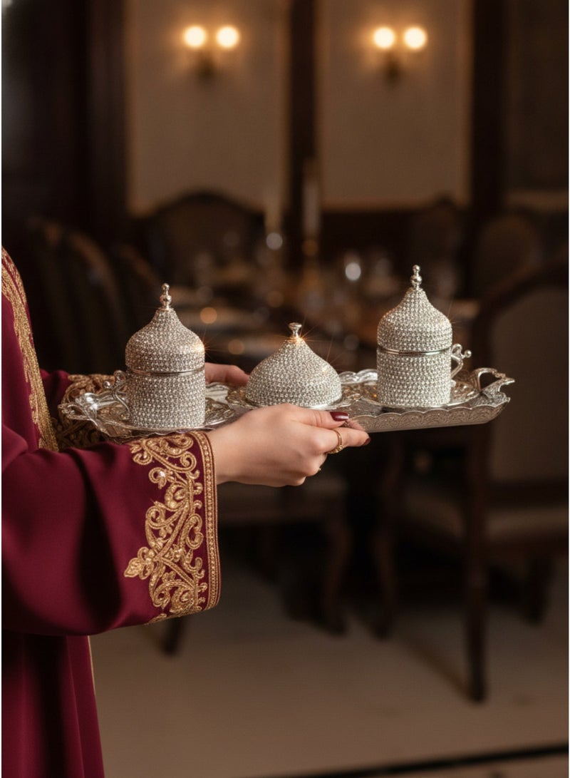 Acar Luxury Ottoman-Style 2-Person Turkish Coffee Set with Silver Tray, Sparkling Silver Cups with Covers & Sparkling Covered Plate for Dates and Sweets – Made in Turkey - Image 2