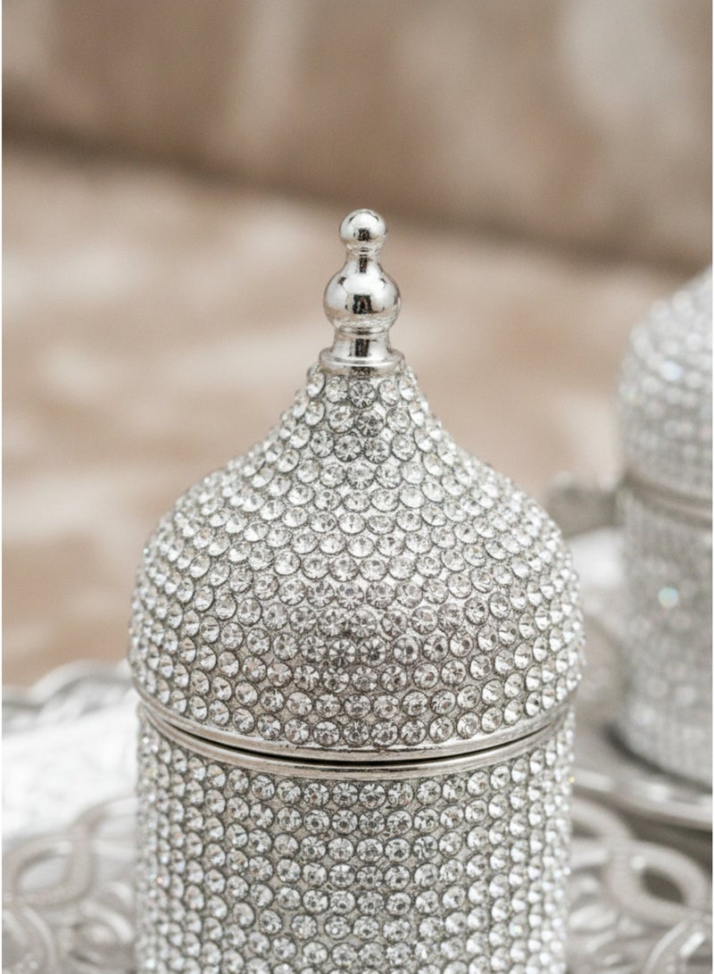Acar Luxury Ottoman-Style 2-Person Turkish Coffee Set with Silver Tray, Sparkling Silver Cups with Covers & Sparkling Covered Plate for Dates and Sweets – Made in Turkey - Image 3