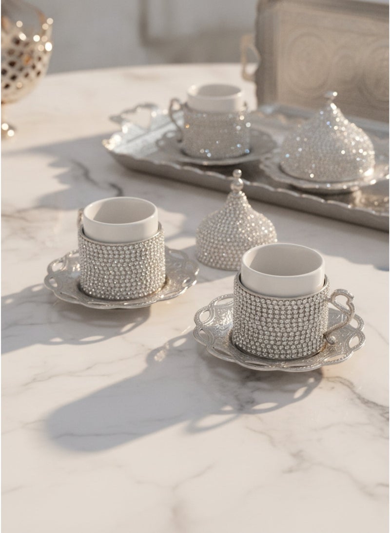 Acar Luxury Ottoman-Style 2-Person Turkish Coffee Set with Silver Tray, Sparkling Silver Cups with Covers & Sparkling Covered Plate for Dates and Sweets – Made in Turkey - Image 4