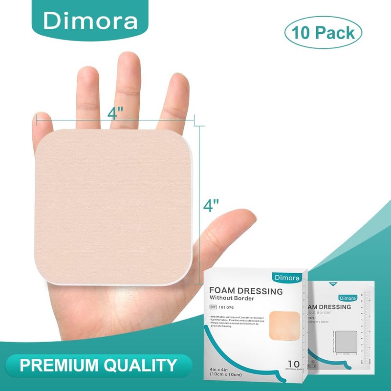 Dimora Foam Dressing, Sterile Non-Adhesive Hydrophilic Pads, Highly Absorbent 4"x4"(10 cm*10 cm) Pack of 10 Square Waterproof Dressing for Wound Care - Image 2