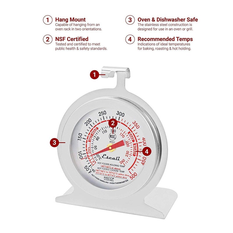 Escali AHO1 Durable Stainless Steel Oven Thermometer, Oven Safe with Stand or Hang, HACCP Guidelines, and NSF Certified Silver - Image 2