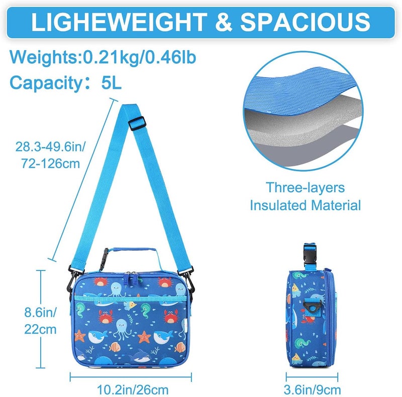 Vaschy Lunch Box Bag for Kids, Reusable Insulated Lunch Box Containers Coolers for Toddler Boys and Girls with Detachable Shoulder Strap for Daycare School Ocean Animals - Image 3