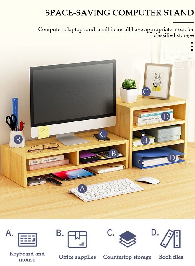 DUNISO مجموعة حامل الشاشة المرتفع، حامل شاشة بطبقتين مع رف تخزين مكتبي ثلاثي الطبقات، حامل لابتوب بارتفاع مريح، رف شاشة خشبي مستقر، رف مكتبي للمكتب، المنزل - Image 4