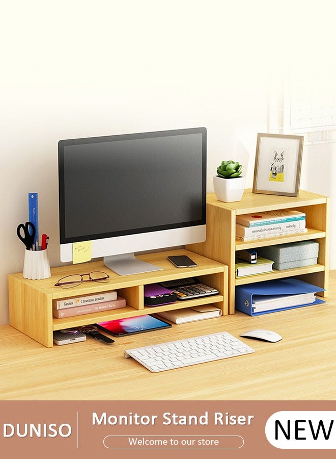 DUNISO مجموعة حامل الشاشة المرتفع، حامل شاشة بطبقتين مع رف تخزين مكتبي ثلاثي الطبقات، حامل لابتوب بارتفاع مريح، رف شاشة خشبي مستقر، رف مكتبي للمكتب، المنزل - Image 1