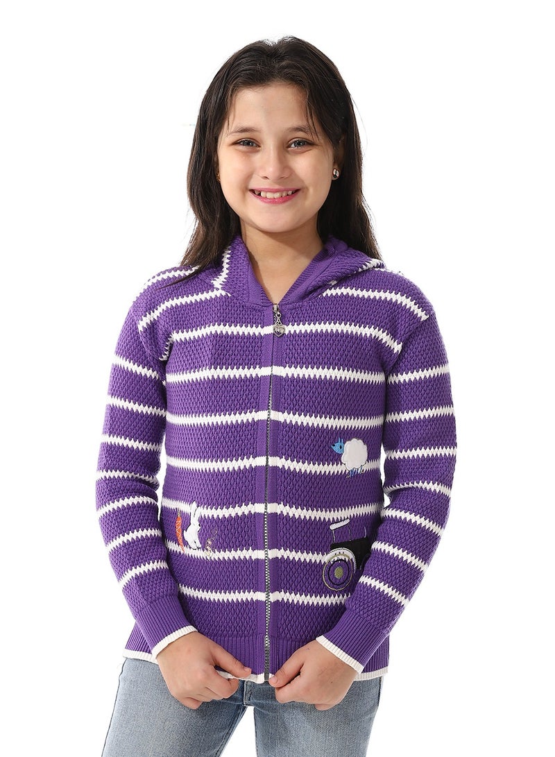 Andora Girls Hooded Neck Striped Sweatshirt _ Chinese Purple  - Image 1