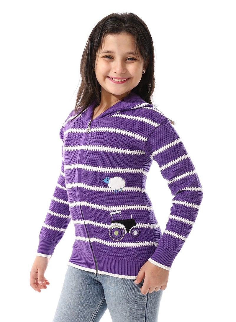 Andora Girls Hooded Neck Striped Sweatshirt _ Chinese Purple  - Image 2