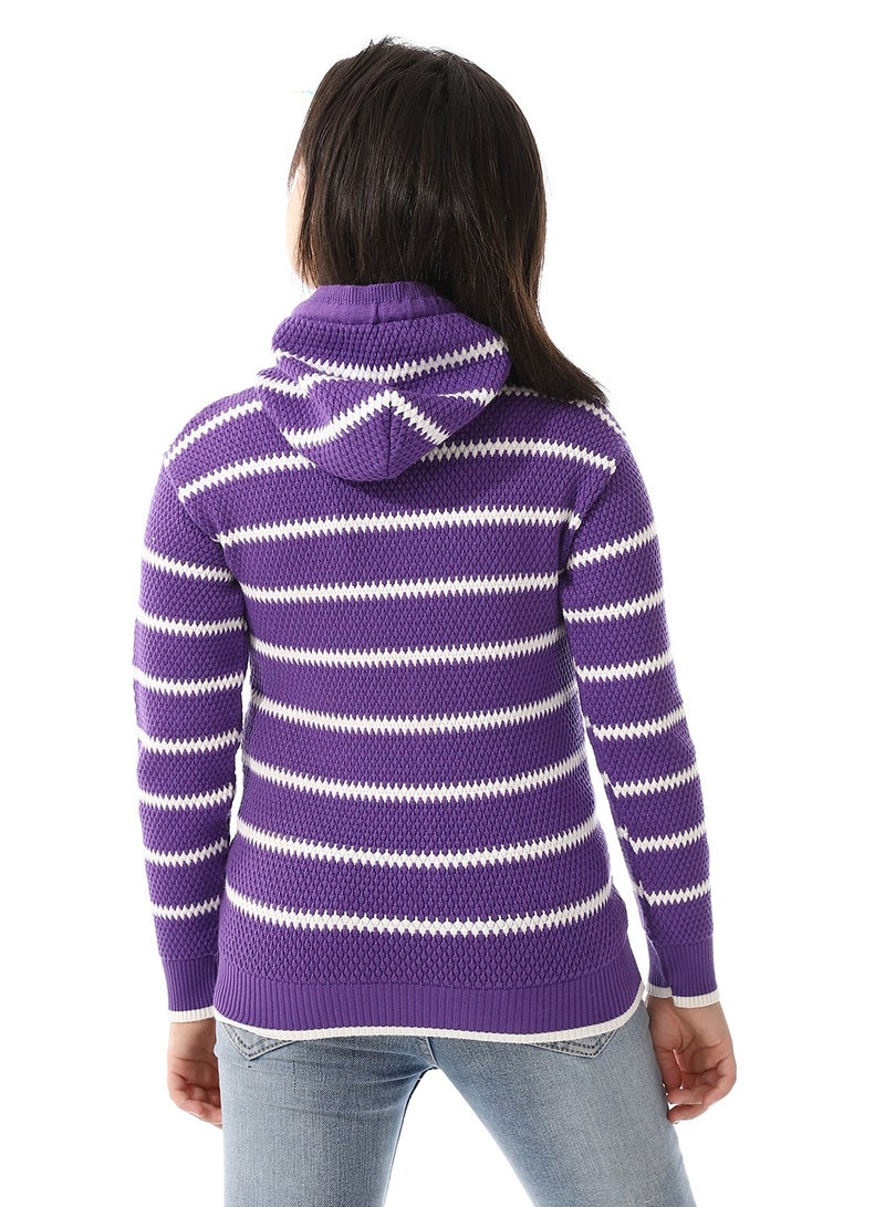 Andora Girls Hooded Neck Striped Sweatshirt _ Chinese Purple  - Image 3