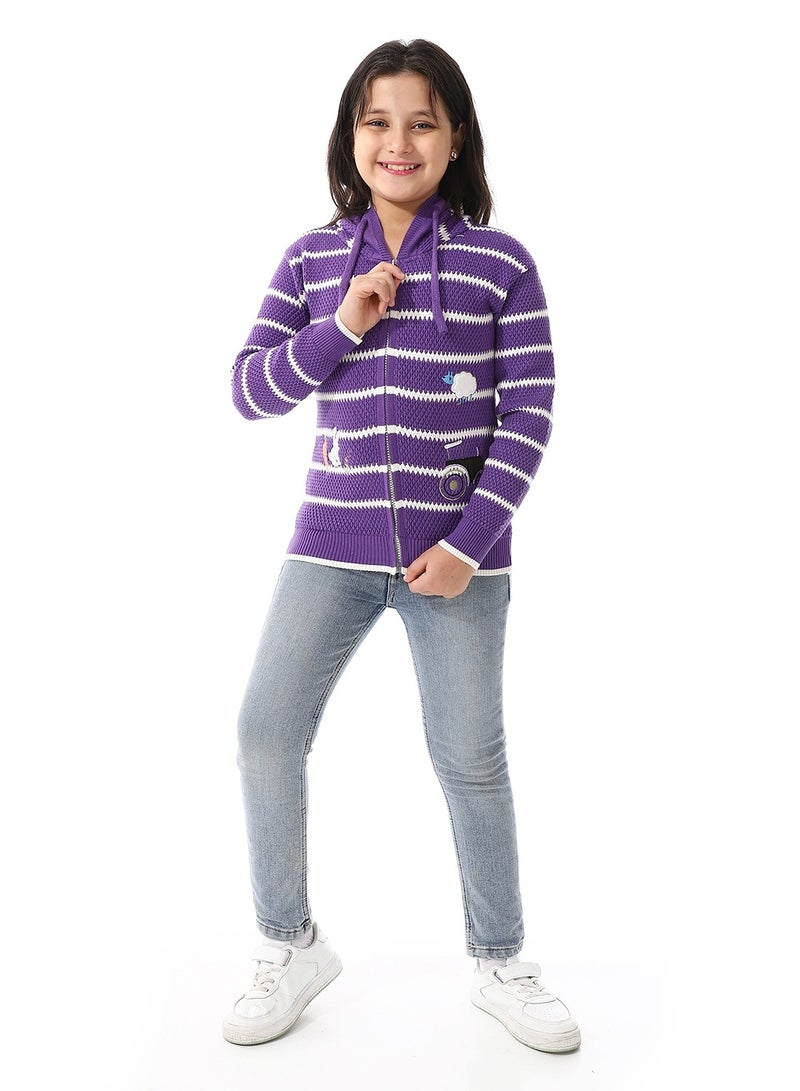 Girls Hooded Neck Striped Sweatshirt _ Chinese Purple