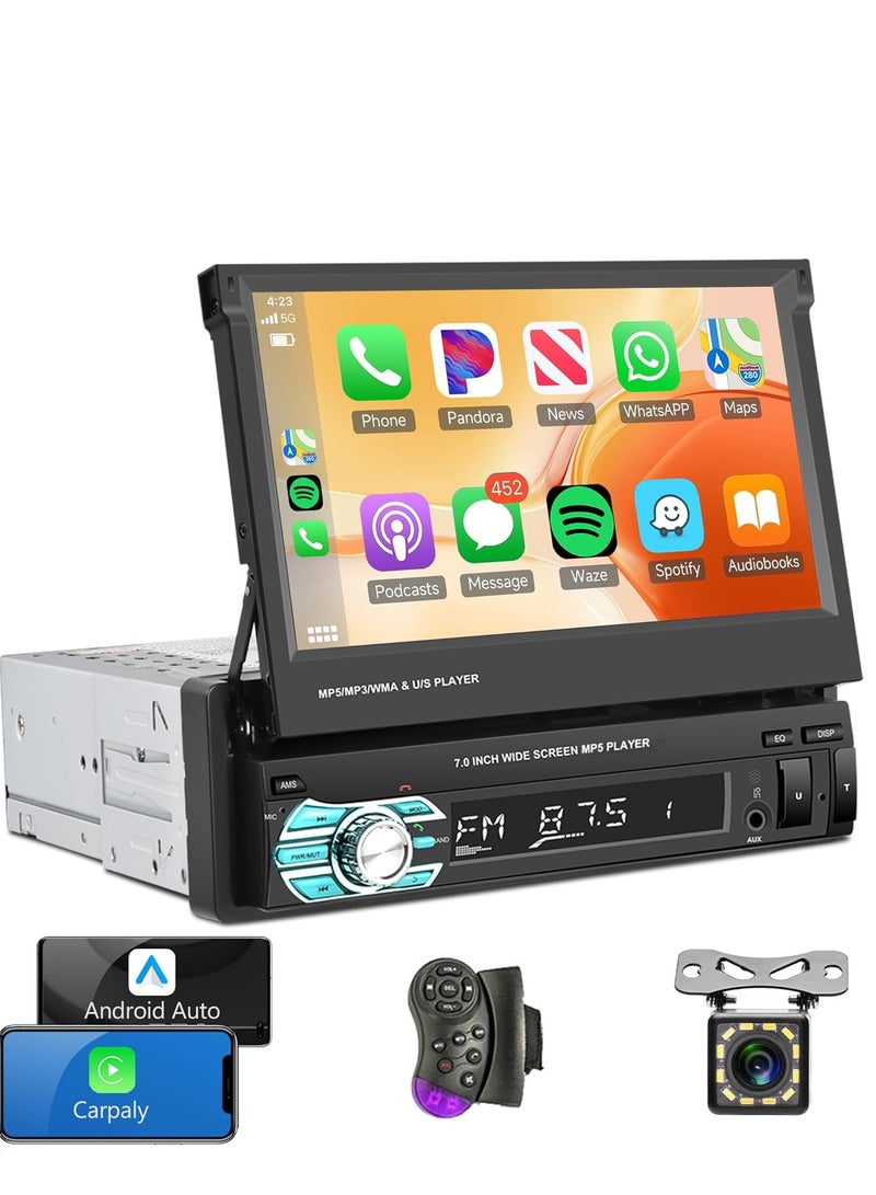 Single Din Touch Screen Car Stereo with Carplay, 7 Inch Flip Out Bluetooth Car Radio FM Radio TF/USB/AUX Mirror Link Android Auto Car MP5 Player + Backup Camera - Image 1