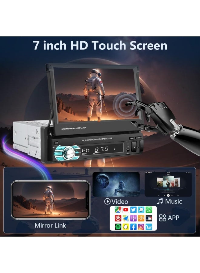 Single Din Touch Screen Car Stereo with Carplay, 7 Inch Flip Out Bluetooth Car Radio FM Radio TF/USB/AUX Mirror Link Android Auto Car MP5 Player + Backup Camera - Image 4