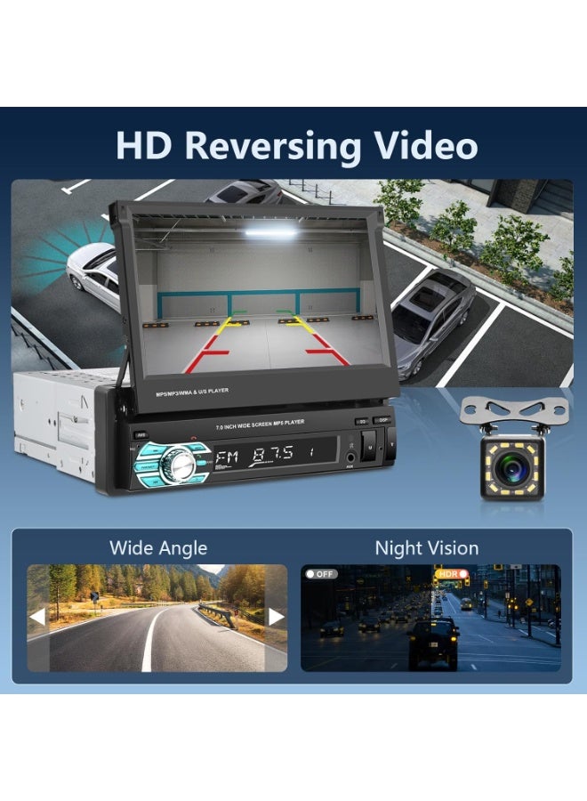 Single Din Touch Screen Car Stereo with Carplay, 7 Inch Flip Out Bluetooth Car Radio FM Radio TF/USB/AUX Mirror Link Android Auto Car MP5 Player + Backup Camera - Image 3