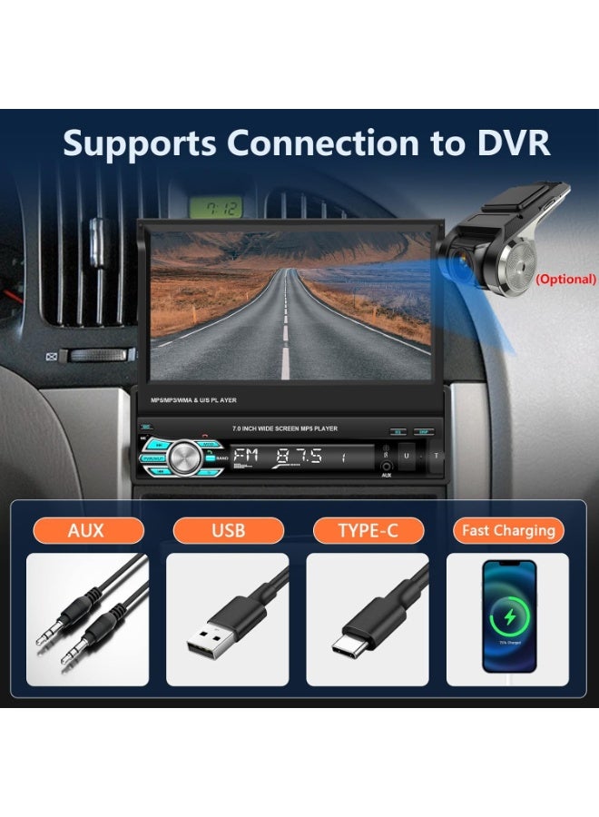 Single Din Touch Screen Car Stereo with Carplay, 7 Inch Flip Out Bluetooth Car Radio FM Radio TF/USB/AUX Mirror Link Android Auto Car MP5 Player + Backup Camera - Image 2