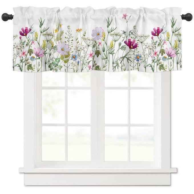 CURTAIN VALANCE WILDFLOWERS SPRING WATERCOLOR FLOWER FLORAL PRINT PLANTS SHORT ROD POCKET WINDOW TREATMENT FOR LIVING ROOM BEDROOM KITCHEN BATHROOM 1 PANEL 54 W X 18 L