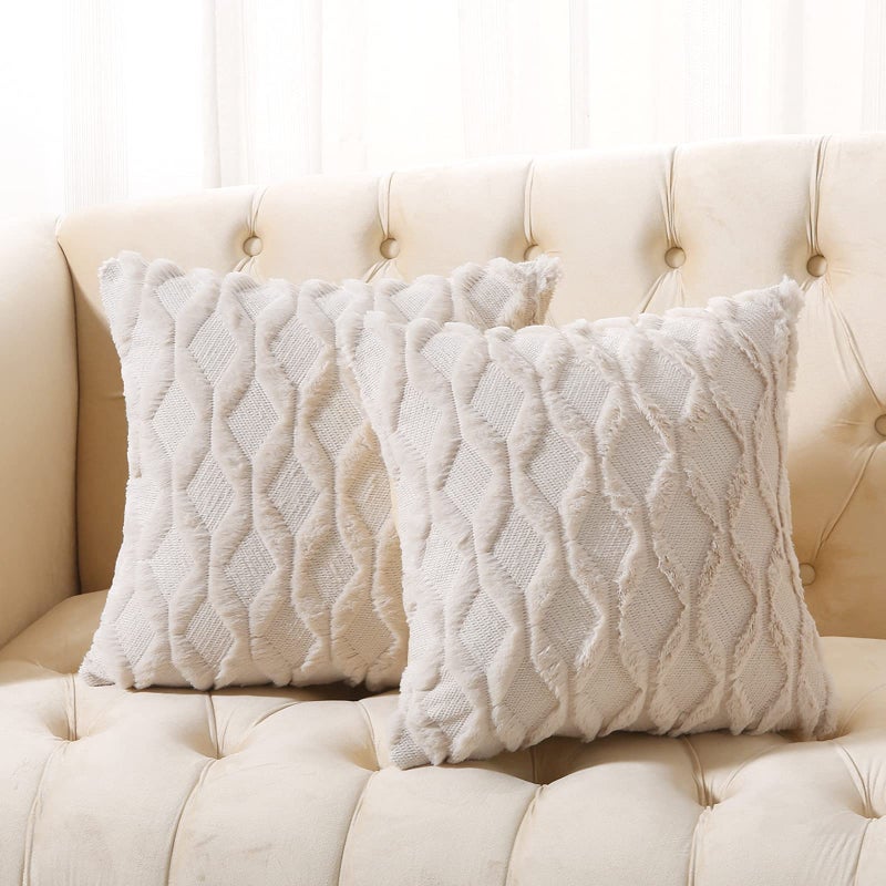 Volcanics Pack of 2 Faux Wool Throw Pillow Covers 18x18 Inches Decorative Farmhouse Velvet Couch Pillow Case Soft Plush Square Boho Cushion Pillowcase Beige
