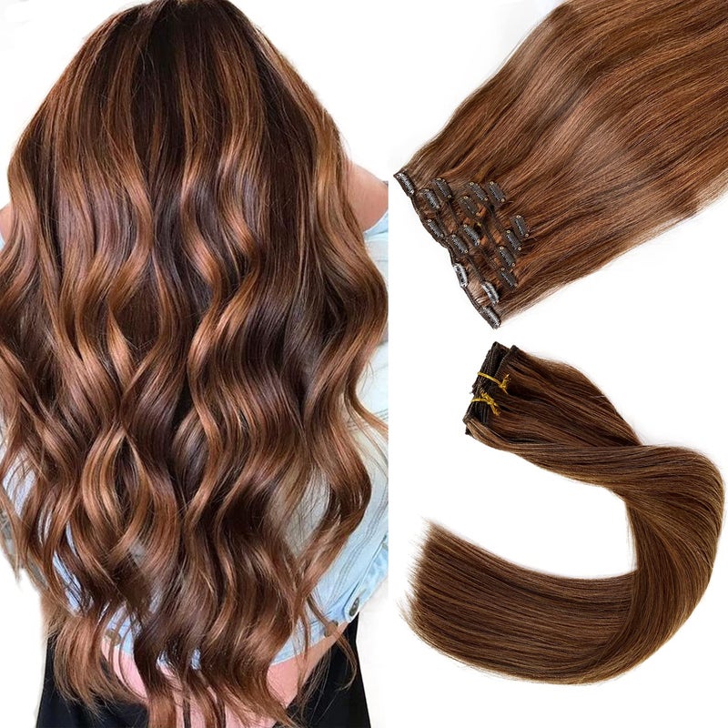 Remy Human Hair Clip in Extensions Chocolate Brown Mixed Auburn Hair Extensions Clip in Real Human Hair15 Inch 70G 7 Pcs Double Weft Hair Extensions Real Human Hair for Women