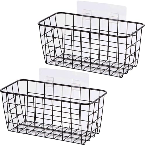 LeleCAT 2 Set Adhesive Hanging Wall Basket Inside Cabinet Door Organizer,Wall StorageBasket-No Drilling Adhesive wall Basket for Cupboard Door, Space-Saving Small Hanging Baskets for Wall Mount Storage,Black - Image 1