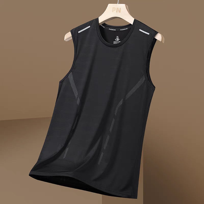 Ice Silk Vest Mens Summer Quick-drying Cut-off Sleeve Mesh Sleeveless T-shirt plus size Mens Loose Hurdling Sports Cross Sleeve Pure black [vest side rod]] 