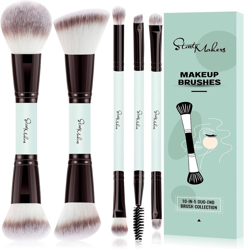 Start Makers 5 Pcs Makeup Brushes Set Double Sided Foundation Contour Blush Highlight Blending Eyebrow Brush Eyeshadow Eyeliner Concealer Brush Bright Cyan Cruelty Free Cosmetic Tools