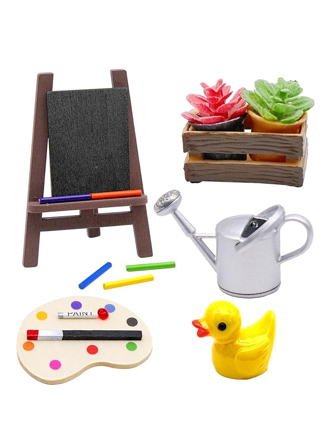 KASTWAVE Mini Painting Art Set Miniature Easel Palette Watercolor Brush Potted Plant & Watering Can Field Sketch Scene Props For Dollhouses Diy Dioramas And Model Decor - Image 1