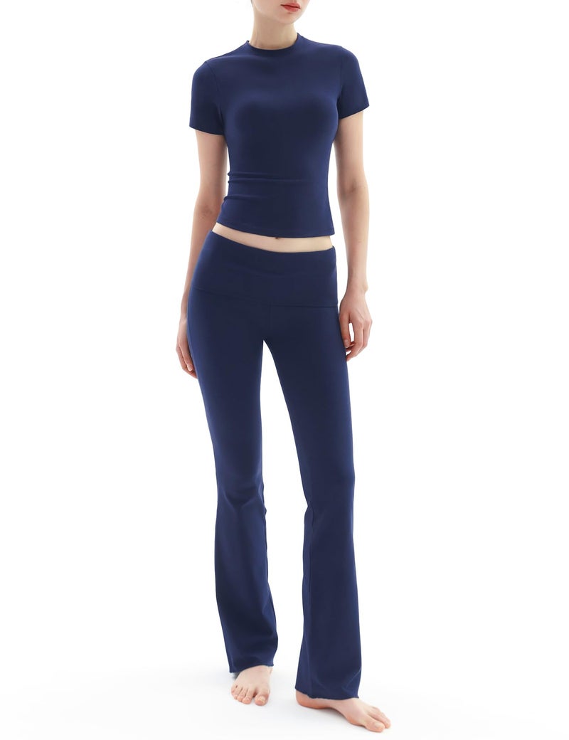 PUMIEY Two Piece Sets for women Lounge Sets Short Sleeve Tops Flare Leggings Set Going Out Casual Outfits Matching Sets Tracksuit, Dark Night Small - Image 1