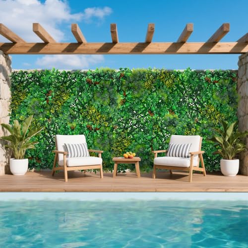 Yangrass Artificial Grass Wall Panels, 20''x20'' 12pcs Boxwood Wall Panels with Tropical Leaves, Faux Greenery Privacy Fence Screen, Grass Backdrop for Outdoor Indoor Garden Birthday Wedding Decor - Image 2