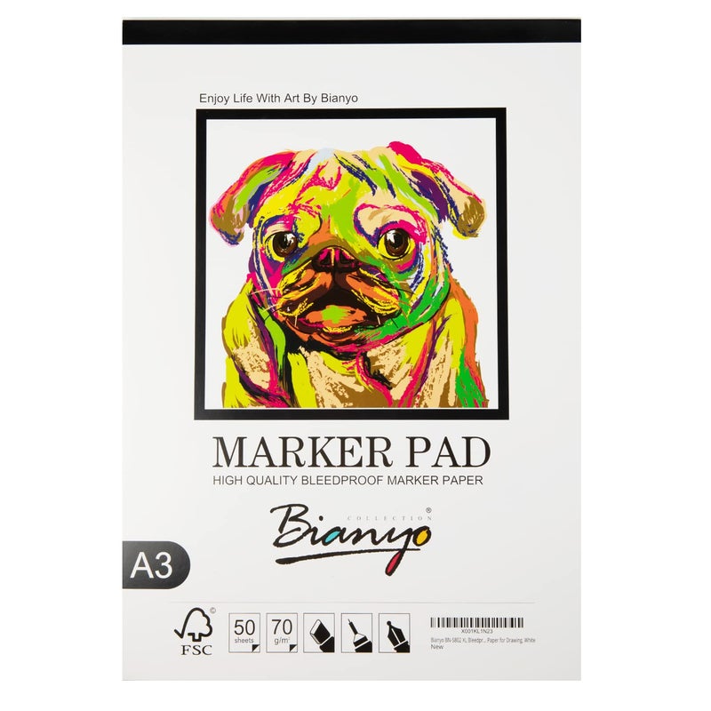 Bianyo XL Bleedproof Marker Paper Pad, A3(11.69"X16.54"), 50 Sheets, 18 LB / 70 GSM, Glue-Bound, 100% Cotton, White, Ideal for Use with Markers and Ink Mediums - Image 1