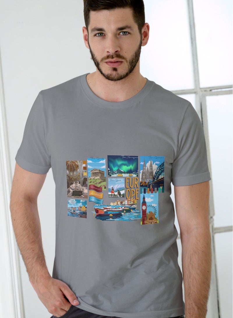 STRAVEAR Men's Europe Travel Grey Cotton T-Shirt - Image 1