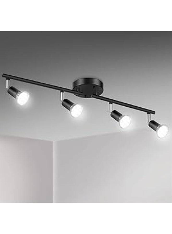 LED 4 Light Track Lighting Kit, 4 Way Ceiling Spot Lighting, Flexibly Rotatable Light Head(Bulb not included) (Color : BLACK)