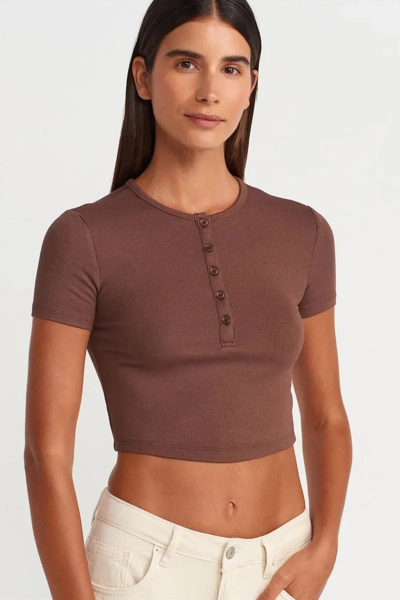 Dilvin Mocha Brown DILVIN Slim Fit Crop Blouse With Buttons for Women | Best Price UAE