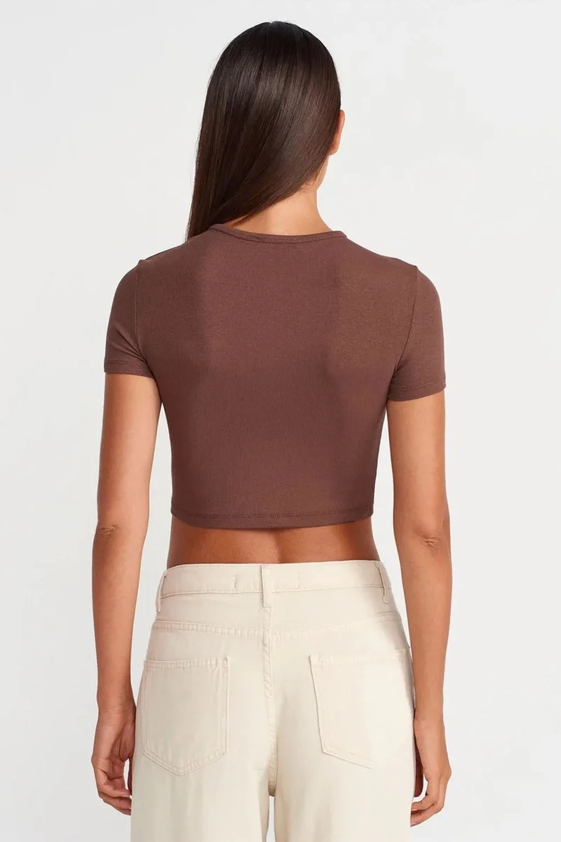 Dilvin Mocha Brown DILVIN Slim Fit Crop Blouse With Buttons for Women | Best Price UAE