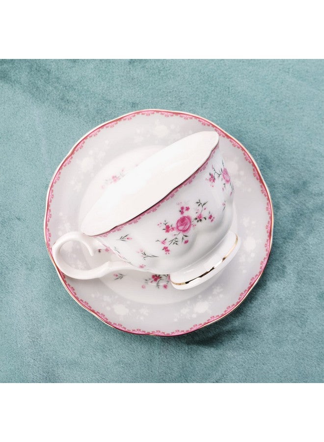 طقم شاي بورسلين عتيق من فانكوير لحفلات الشاي النسائية، طقم فنجان وصحن لستة أشخاص، طقم إبريق شاي مزين بنقشة زهور لحفلات الزفاف للبالغين، وردي - Image 2