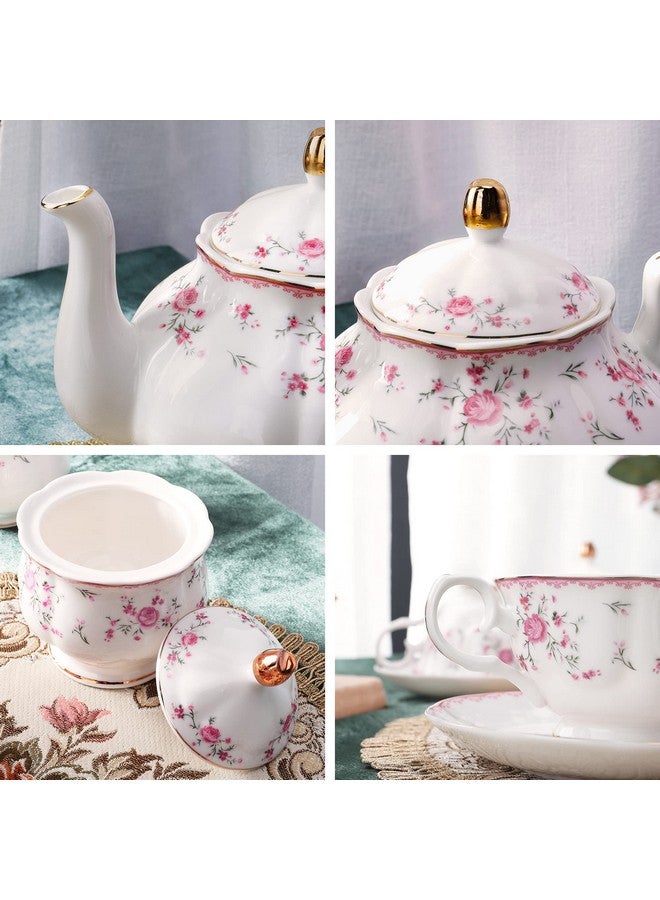 طقم شاي بورسلين عتيق من فانكوير لحفلات الشاي النسائية، طقم فنجان وصحن لستة أشخاص، طقم إبريق شاي مزين بنقشة زهور لحفلات الزفاف للبالغين، وردي - Image 1