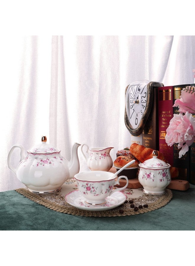 طقم شاي بورسلين عتيق من فانكوير لحفلات الشاي النسائية، طقم فنجان وصحن لستة أشخاص، طقم إبريق شاي مزين بنقشة زهور لحفلات الزفاف للبالغين، وردي - Image 4