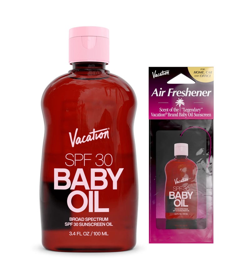 Vacation Baby Oil SPF 30  Air Freshener Bundle Hydrating  Nourishing MineralOil Free Lightweight Formula Transparent On All Skin Tones Travel Size Sunscreen 34 Fl Oz