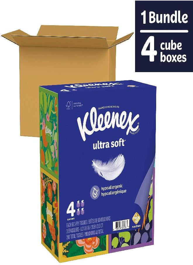 Kleenex Kleenex Ultra Soft Facial Tissues, 4 Cube Boxes, 60 Tissues per Box, 3-Ply (240 Total Tissues), Packaging May Vary  - Image 1