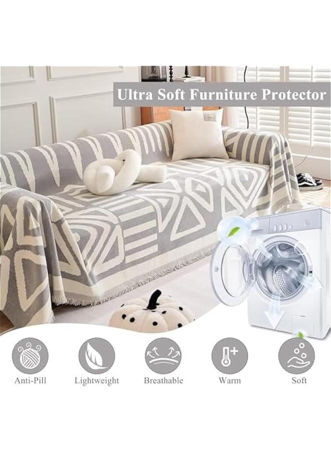 HOOKOR Durku Boho Sofa Covers,Modern Beige Khaki Cream Plaid Triangle Sofa Slipcover,Washable Decorative Sectional Couch Covers Soft Chenille Blend Sofa Slipcovers Sofa Throw Cover for Living Room (Grey) - Image 4