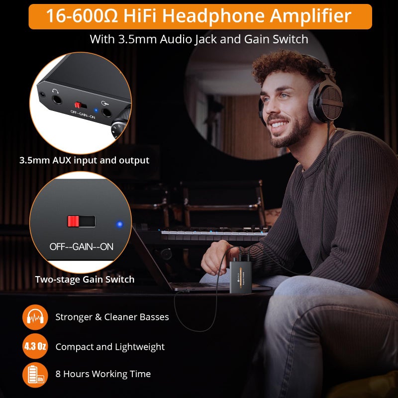 Neoteck Amplifier 16-600 Ohm Portable Headphone Amplifier,3.5mm Jack Rechargeable Headphone Amp with Volume Control,Two-Stage Gain Switch, Headset Amplifier for PC/CD/MP3/MP4 Players - Image 3