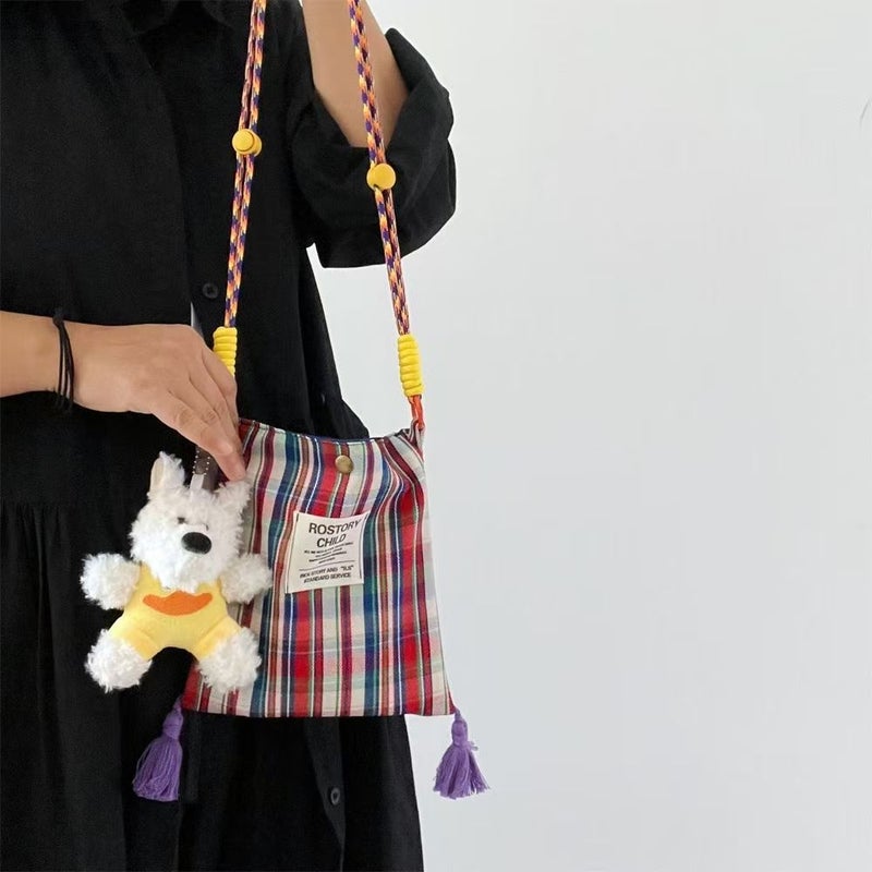 Womens Tassel Plaid Canvas Crossbody Bag - Image 2