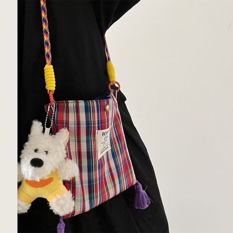 Womens Tassel Plaid Canvas Crossbody Bag - Image 3