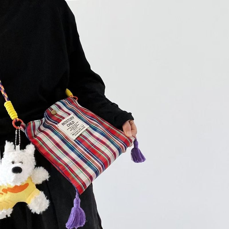 Womens Tassel Plaid Canvas Crossbody Bag - Image 1