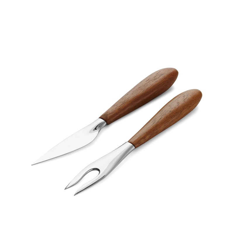 nambe Curvo Cheese Set Cheese Knife and Fork Utensil Set for Charcuterie Board Made of Stainless Steel and Acacia Wood Designed by Steve Cozzolino