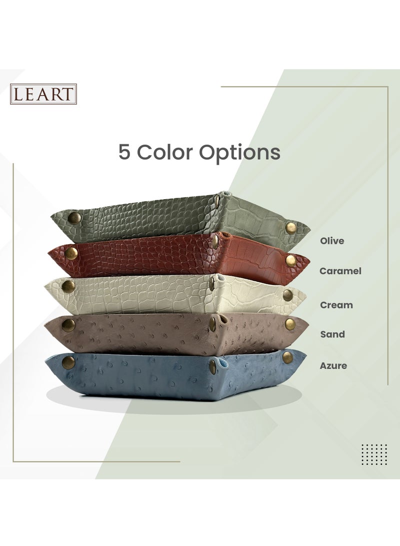 لي آرت LEART - صينية جلديةصينية جلدية صغيرة الحجم لوضع الأغراض الشخصية - صينية صغيرة ومدمجة | منظم للمكتب، بجانب السرير، مدخل المنزل | صينية جلدية للمفاتيح، والعملات المعدنية، والقرطاسية، والمجوهرات (أخضر زيتوني | نسيج التمساح)  - Image 5