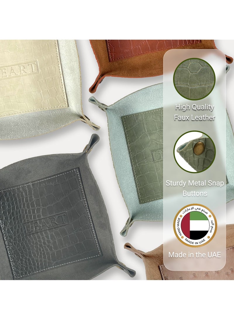 LeArt Leather Valet Tray - Small & Compact Catchall Tray | Desk, Bedside, Home Entrance Entryway Organizer | Leather Tray for Keys, Coins, Stationary, Jewellery (Olive Green | Crocodile Texture) - Image 2