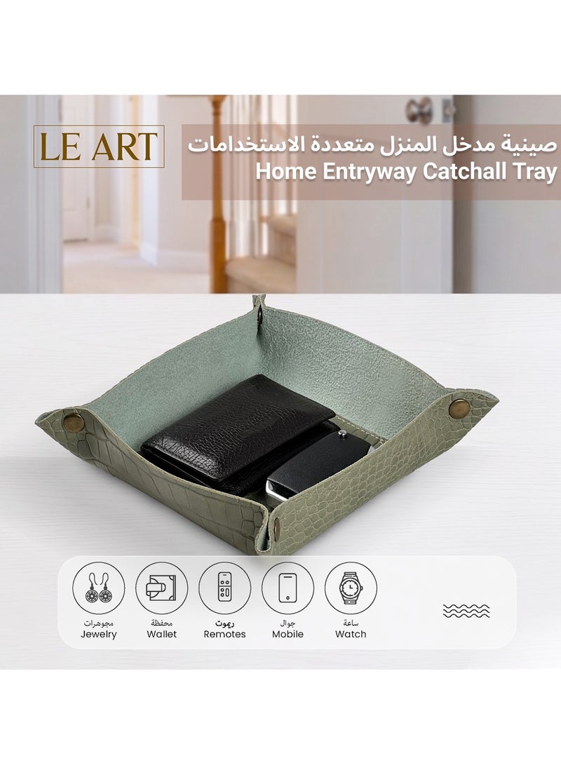 LeArt Leather Valet Tray - Small & Compact Catchall Tray | Desk, Bedside, Home Entrance Entryway Organizer | Leather Tray for Keys, Coins, Stationary, Jewellery (Olive Green | Crocodile Texture) - Image 3