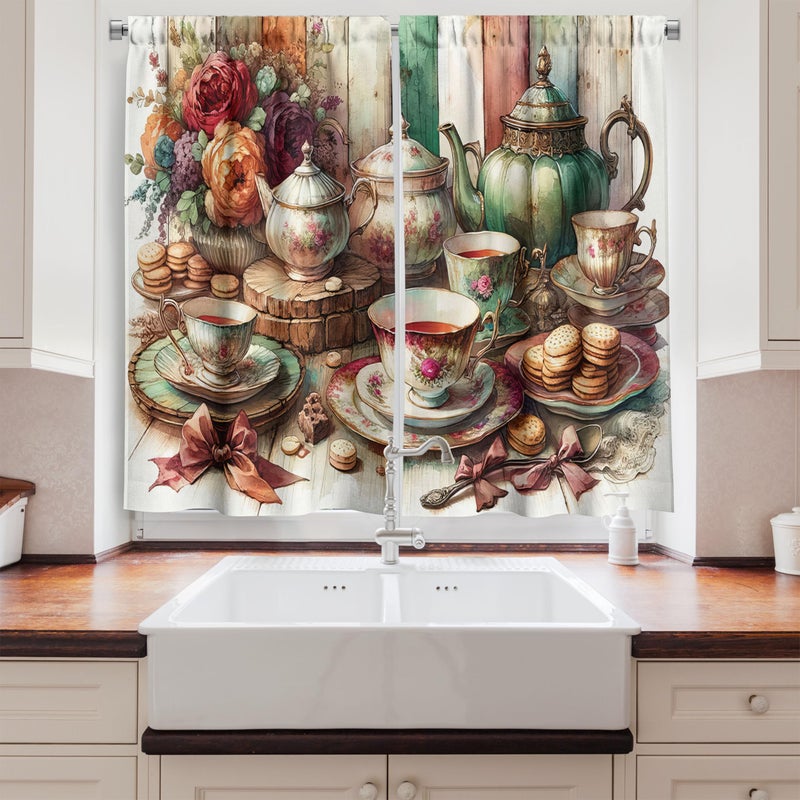 Ambesonne English Aura Kitchen Curtains  Vintage Farmhouse Tea Time Scenario with Gentle Peony Flowery Print  Window Drapes 2 Panel Set for Kitchen Cafe Decor  55"" x 39""  Sea Green Multicolor - Image 2